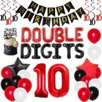 JOYMEMO Red and Black Double Digits 10th Birthday Decorations Number 10 Foil Balloons for Boys 10 Years Old Birthday Party Decor