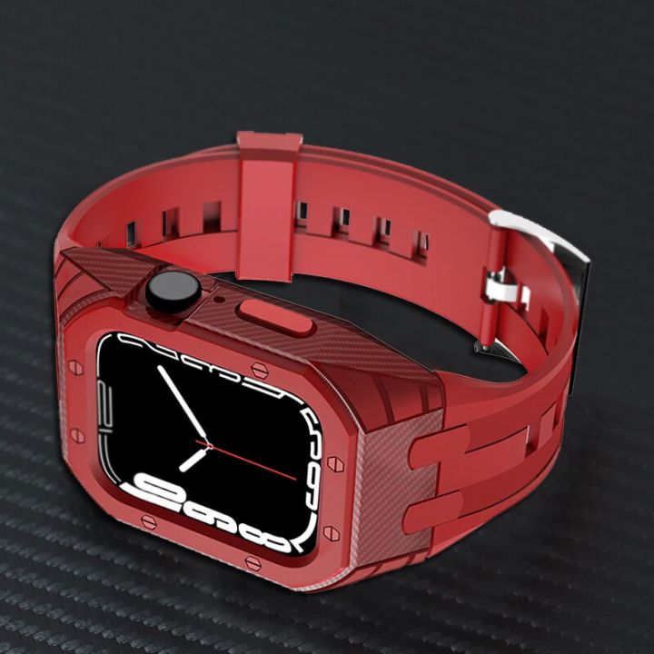 เคสคาร์บอนไฟเบอร์-สายรัดสำหรับสายคาด-apple-watch-8-7-45มม-ฝาครอบซิลิโคนพีซีสำหรับ-i-watch-series-6-se-5-4-44มม-42มม-สร้อยข้อมือยาง-ไม่รวมนาฬิกา