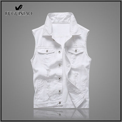 Fuguiniao 2022ใหม่เสื้อกั๊กลำลองผู้ชายเสื้อกั๊กยีนส์สีขาวเสื้อกั๊กยีนส์บาง M-5XL (สีขาว)