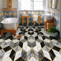 ✁ PVC Wallpaper Modern Creative Black And White Geometric Marble Pattern Floor Sticker Toilet Self Adhesive Waterproof Tiles Mural