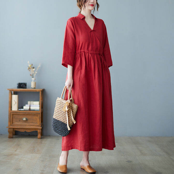 new-arrival-cotton-linen-half-sleeve-fashion-women-casual-midi-spring-summer-dress-draw-string-office-lady-work-dress