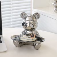 Geometric Shape Ceramic Electroplating Statue Bear With Piggy Bank Tray, Candy, Cosmetic Storage Box, Display Shelf Decoration.