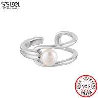 Ssteel Real 925 Sterling Silver Geometric Hollowed Freshwater Pearls Adjustable Rings For Women Products 2023 Fine Jewellery