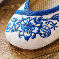 Veowalk Blue Flowers Embroidered Womens Canvas Ballet Flats Vintage Chinese Style Ladies Casual Ankle Strap Cotton Dance Shoes