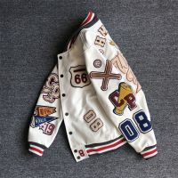 Mens spring and autumn baseball uniform Y2K retro trend leather jacket heavy industry embroidery white short coat ins hot sale