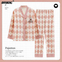 Plus ขนาด Argyle รูปแบบผู้หญิงชุดนอนผ้าฝ้ายชุดฤดูใบไม้ร่วงฤดูหนาว Kimono สไตล์ Cardigan Lady ชุดนอนแฟชั่นสาวสีชมพู Pijamas