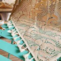1Pc Home Decorative Dark Beige Cotton Crocheted Table Runner Tassel Table Cover Rose Pattern Cabinet Cover Towel