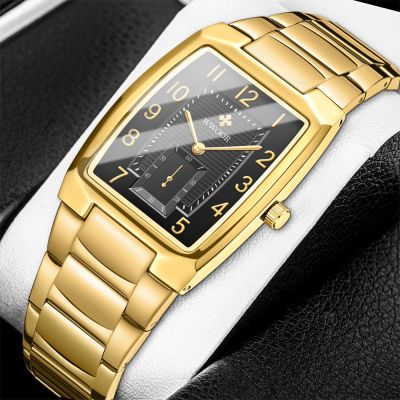 （A Decent035）2022 FashionSquareFor Men WristWatchGold Black Stainless SteelQuartz Clock Relogio Masculino