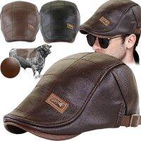 Retro PU Leather Beret Hats For Men Autumn Winter Faux Leather Beret Hat Middle-aged Mens Visor Warm Flat Peaked Cap Adjustable