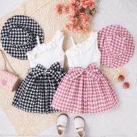 4-7Y Toddler Girls Summer Dress Sleeveless One Shoulder Houndstooth Print Ruffle Patchwork A-line Dress Dress with Hat Outfit  by Hs2023