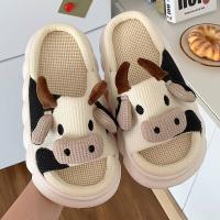 (ETX)ETXCute Cartoon Calf Linen Slippers 2022 New Women Home Slippers Household Cotton Non Slip Thick Mute Shoes Couple Indoor Slippers