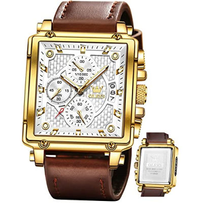 OLEVS Square Watches for Men Brown Leather Chronograph Fashion Business Watch Luminous Waterproof Casual Wrist Watches Brown Leather silver face