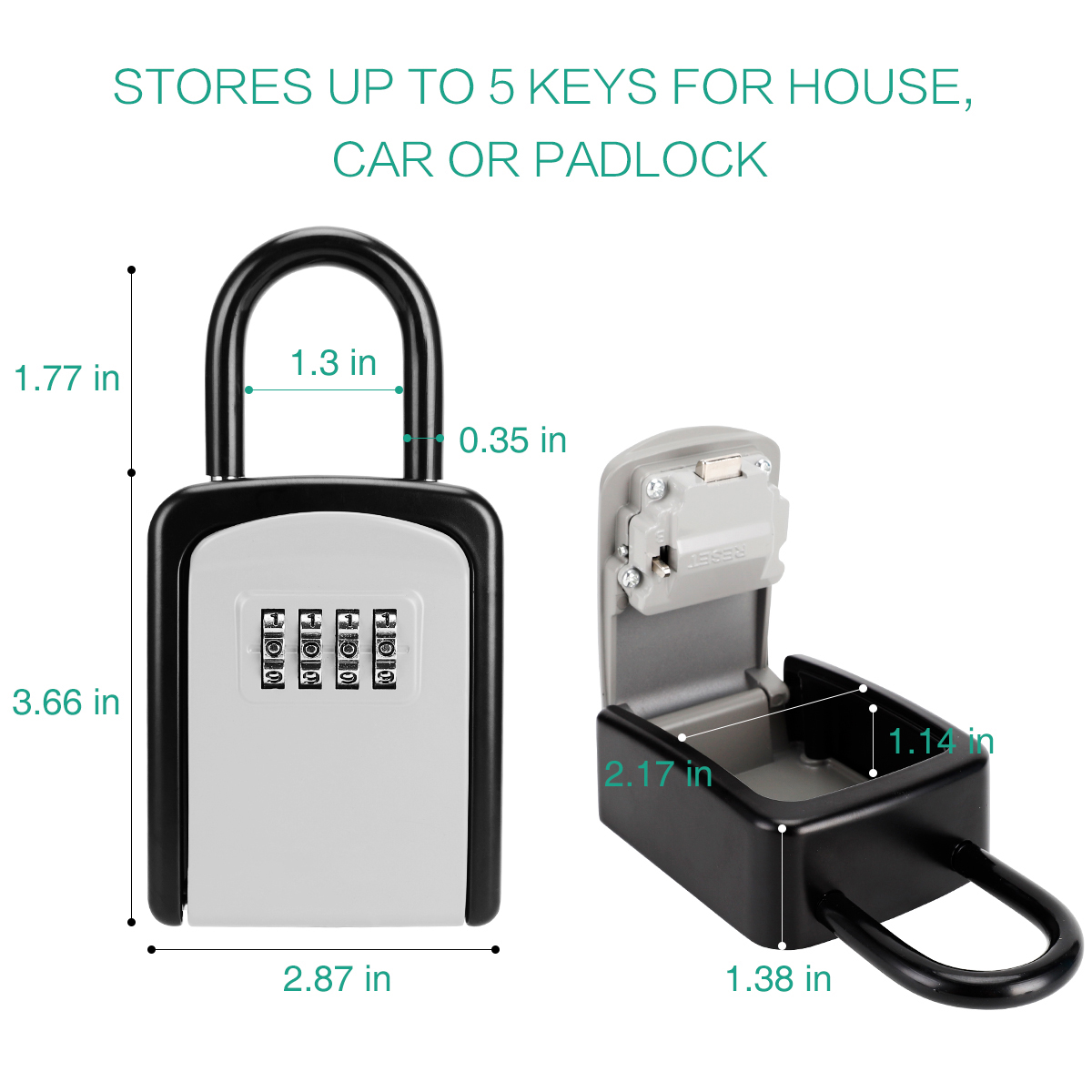 5 Keys Capacity with Removable Shackle for Indoor Outdoor Key Lock Box Wall Mounted Key Safe Box Small Size 3.66inch Weatherproof 4 Digit Combination Key Storage Lock Box Black 