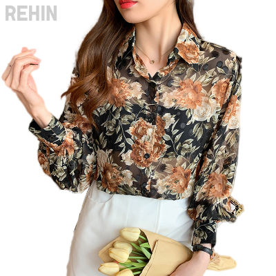 REHIN แขนยาวเสื้อชีฟองดอกไม้หลวมเย็บปักถักร้อยเสื้อแฟนเกาหลีชีฟองระบายเสื้อสตรี2021ฤดูใบไม้ร่วงใหม่เสื้อ