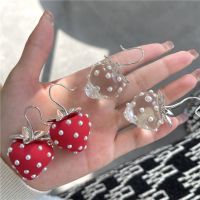 AOMU Japanese Sweet Crystal Pearl Transparent Resin Strawberry Earhook Spring Summer Big Fruit Drop Earrings for Women