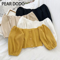 PEAR DODO ฉบับภาษาเกาหลีเสื้อถักแขนโคมเปิดไหล่สำหรับผู้หญิงเสื้อเอวลอยหนึ่งคอ