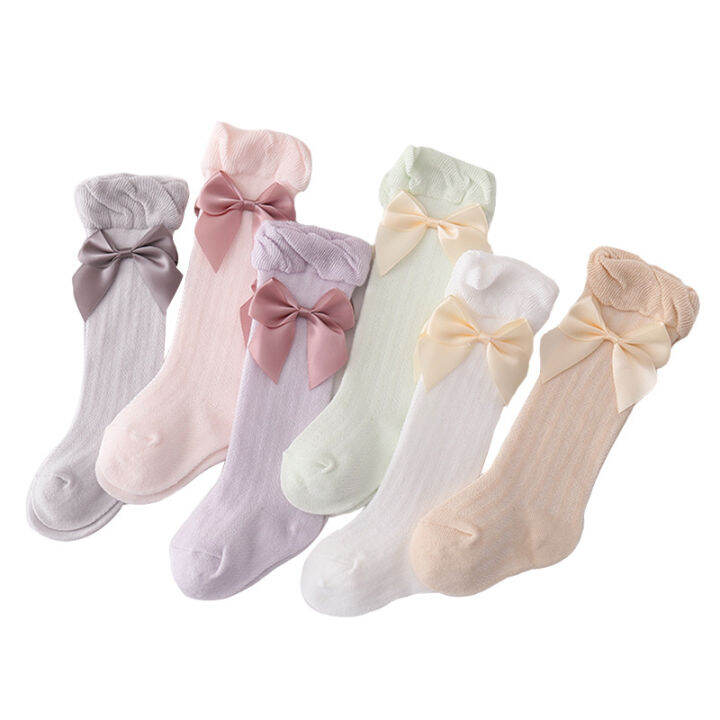 hotssocks-อุปกรณ์เสริมสำหรับเด็กทารกแรกเกิดเข่าถุงเท้าสูงเด็กต้นขาใหญ่สูงสีขาวน่ารักสาวถุงเท้าผ้าฝ้ายถุงเท้ายาวกว่า-bow