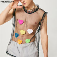 INCERUN Mens Heart-Printing Vests เสื้อกล้ามแขนกุด Hippy Beachwear Tank (สไตล์ตะวันตก)