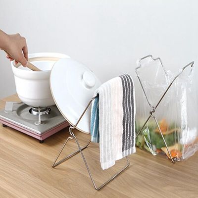 Garbage Bag Shelf Rag Rack Foldable Kitchen Trash Can Hanging Plastic Bag Stainless Steel Shelf Storage Rack Bathroom Counter Storage