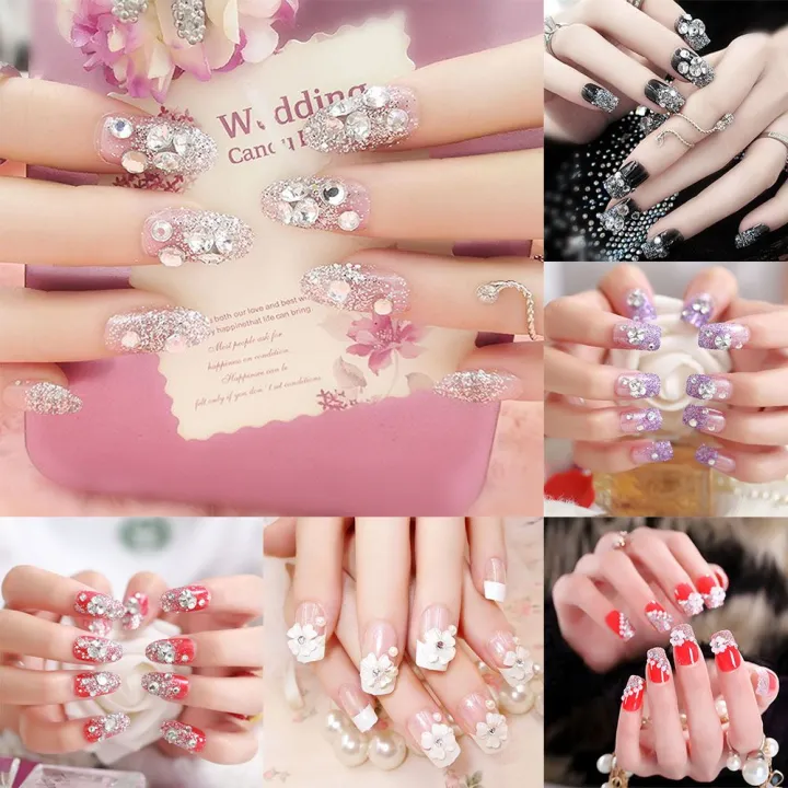 【COD&Ready Stock】24pcs/Box Bride False Nails Square Glitter Full Cover Crystal Flower Diamond Fake Nails with Glue