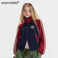 MAYCHEER เสื้อโค้ทลำลองผู้ชายคาร์ดิแกนซิปบล็อกสีปกตั้งวินเทจแบบอเมริกัน