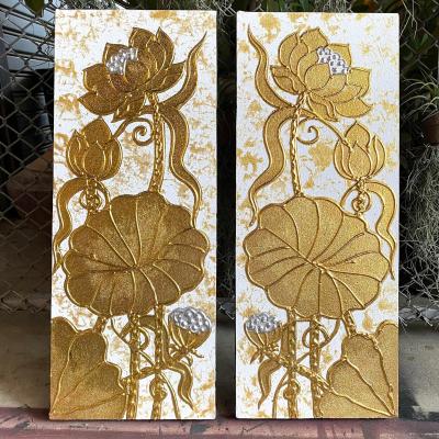 (เซต 2 ชิ้น) ภาพวาดดอกบัวทอง ขนาดต่อชิ้น 20x50 cm. รูปภาพมงคล ภาพวาดมงคล ภาพวาดผ้าใบ ลงทอง ช่างวาดเชียงใหม่ ..ภาพวาดไม่ใช่ภาพพิมพ์.. Lotus Painting