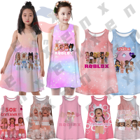 3-13ปีสาว Robloxs เดรสแขนกุดลายพิมพ์ฤดูร้อนชุดสีชมพูยาวพิมพ์เกมเสื้อเด็ก