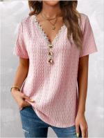 ┇  Lace Patchwork Button Loose T-shirts Summer Women V Neck Short Sleeve Pink Baggy Tee Tops Oversized S-5XL MQQ-M23022