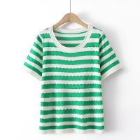 【มีไซส์ใหญ่】Plus Size XL-4XL Womens Knitted Summer t-Shirts Oversized Slim Striped Vintage Tops