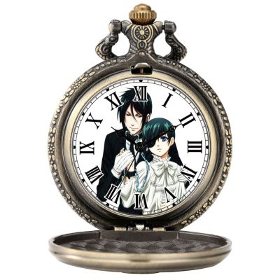 นาฬิกานาฬิกาสร้อยคอวินเทจทองเหลืองธีมการ์ตูน Black Butler ญี่ปุ่นควอทซ์บอยนาฬิกาเลขโรมันจี้ทนทานของขวัญให้เพื่อนที่สุด