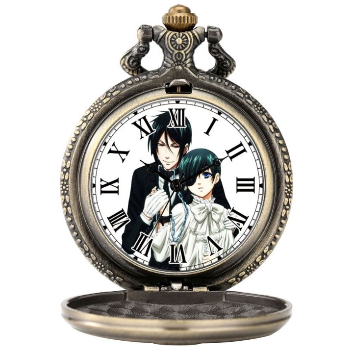 นาฬิกานาฬิกาสร้อยคอวินเทจทองเหลืองธีมการ์ตูน-black-butler-ญี่ปุ่นควอทซ์บอยนาฬิกาเลขโรมันจี้ทนทานของขวัญให้เพื่อนที่สุด