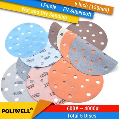 5PCS 6 Inch(150mm) 17-Hole Hook &amp; Loop FV Superfine Wet/Dry Auto Body Film Sanding Discs Paint Abrasive Sandpaper, 600#-4000#