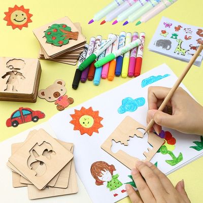 20pcs Montessori Kids Drawing Toys Wooden DIY Painting Stencils Template Art Crafts Puzzle Educational for Children Art Gifts