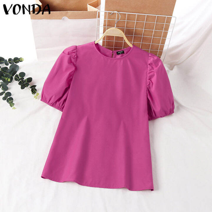 Vonda Women Half Sleeve Crew Neck Blouse T Shirts Casual Baggy Pleated