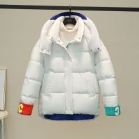 【cw】 European and American Spot Goods 2022 New Womens Cotton-Padded Jacket with Alphabet Knitting Stitching Cuffs Hooded Loose Cotton Coat Women