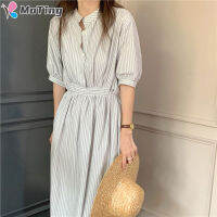 K&amp;WM  MT Dress For Women Simple Round Neck Single Breasted Contrast Color Striped Tie Five Points ชุดเดรสแขนพัฟ