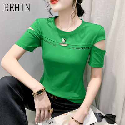 REHIN เสื้อยืดแขนสั้นสำหรับผู้หญิง,เสื้อยืดผู้หญิงพิมพ์ลายกลวงดีไซน์เพรียวบางดีไซน์ใหม่แฟชั่นสไตล์เกาหลีฤดูร้อน
