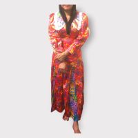 P015-091 PIMNADACLOSET -Womens Flowy Long Sleeve Collar Graphic Crepe Satin Skater Maxi Dress