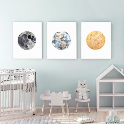 สีน้ำ Planet Earth Moon Sun Wall Art ภาพวาดผ้าใบ Nordic โปสเตอร์และพิมพ์สำหรับตกแต่งห้องนั่งเล่น