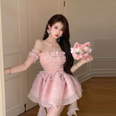 New Super Fairy Little Dress Female Summer Pink Wipe Chest One Line Shoulder Senior Pompong Cake Skirt Sweet and Spicy Chic Stunning 2023 Dress wub