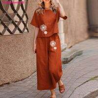 asdsadsaaff Conjunto de duas peças das mulheres solto boho impressão blusa calças ternos imitação algodão linho conjunto verão หรูหรา มังงะ curta túnica