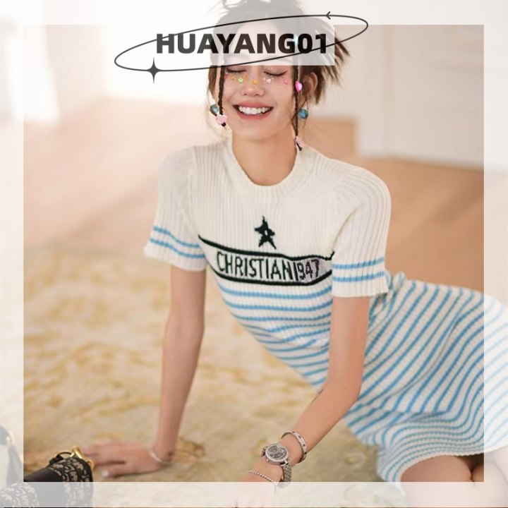 huayang01-2023-new-hot-fashion-lazlook-เดรสมินิเดรสลำลองแขนสั้นพิมพ์ลายทางสำหรับผู้หญิงฤดูร้อน