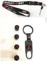 4xBlack Mitsubishi รถล้อยางวาล์ว Stem Air Dust Cap ฝาครอบสัญลักษณ์ + พวงกุญแจ + รถ lanyard key