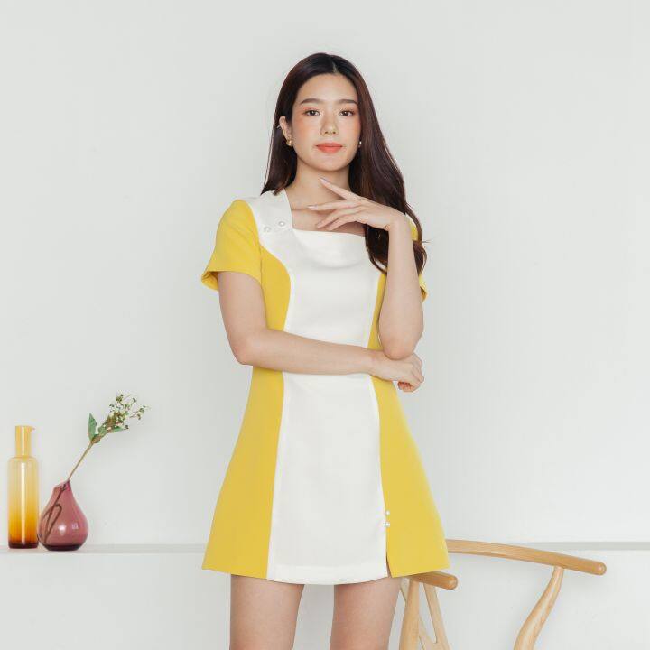 sale-akemi-dress-twotone-เดรสทำงานแขนสั้นคอเหลี่ยมสีทูโทน-ใส่ทำงานหรือออกงานก็สวย-มีติดตู้ไว้เลยนะค้า