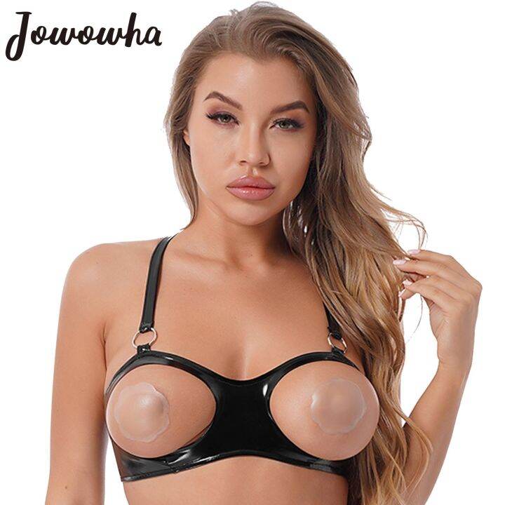 a-so-cute-women-wetpatentollow-outbra-top-sexy-half-cupnipplesadjustable-straps-unlined-bralette