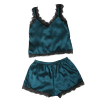 Women Sexy Sleepwear Pajama Set Lace Satin Top and Shorts Pajama Set Fall