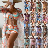 hotx 【cw】 2023 Waist Three Pieces Sleeve Cover Up Swimsuit Push Beach Bathing Swimwear LS0005