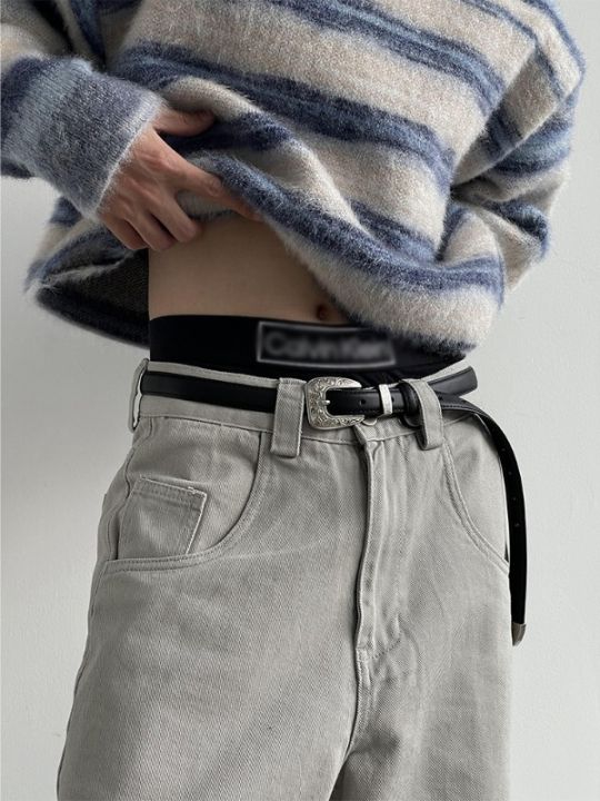 ถุงกางเกงยีนส์ลากชั้นยาวผ้ายีนส์สีเทาธรรมดากางเกงลำลองกว้างกางเกงผู้ชายผู้หญิง-acubi-แฟชั่น