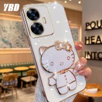 YBDมีเคสโทรศัพท์กระจกสำหรับ OPPO Realme C55 3Dแมวน่ารักพับเคสซิลิโคนแบบนิ่มแบบสามมิติ