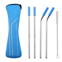 4Pcs Metal Straw Set Kit Reusable Silicone Tips Cover Stainless Steel Straight Bent Drinking Straws Bar with Organizer Bag Specialty Glassware